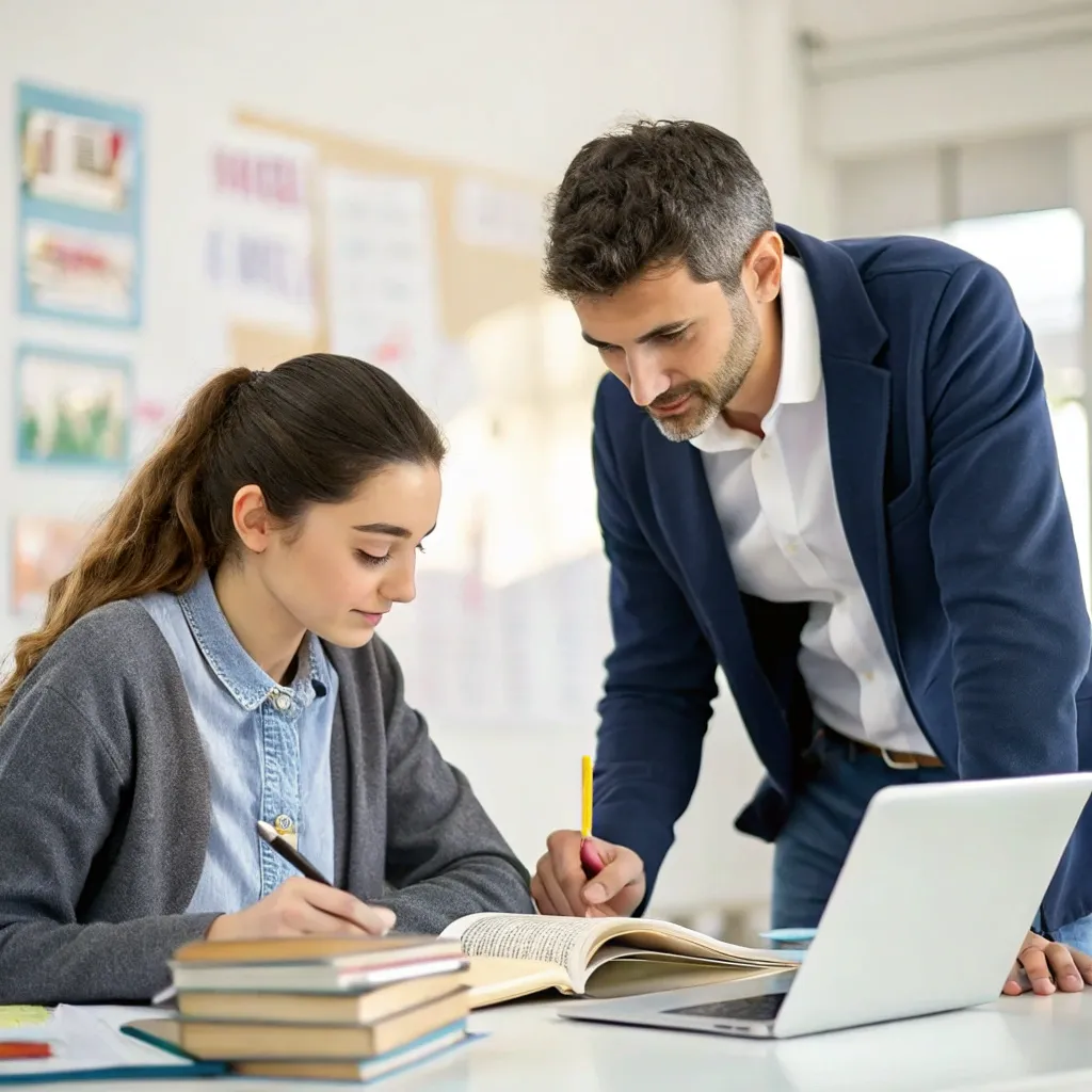 A professional tutor assisting a student with study materials
